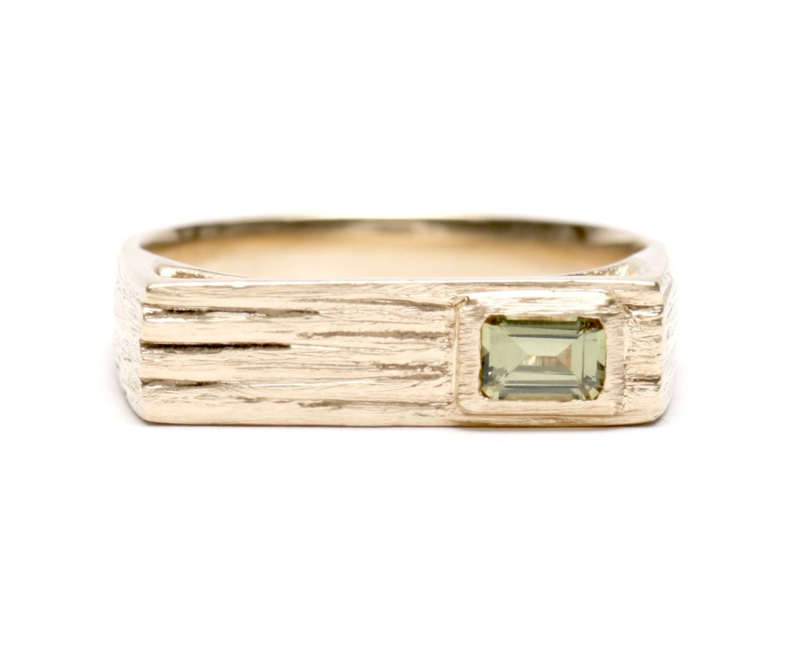 Slim Ledge ring with sapphire in 9ct yellow gold, rocky signet with gemstone, Karla Way Jewellery